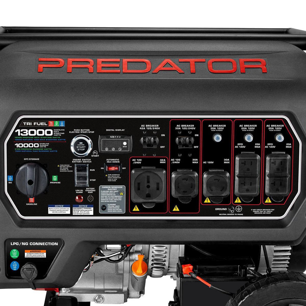 Generador portátil de tres combustibles de 13,000 vatios con arranque remoto y tecnología CO SECURE® - PREDATOR